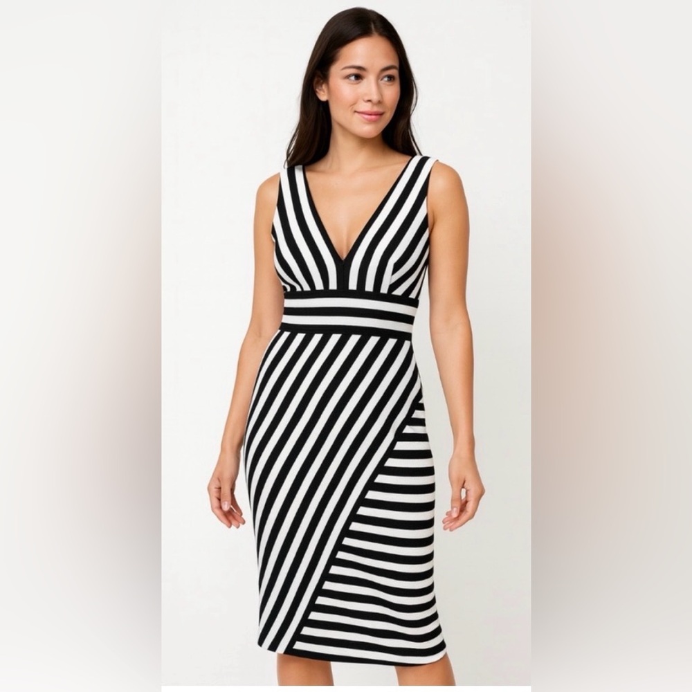 Bisou Bisou Michele Bohbot black and white striped sleeveless pencil dress